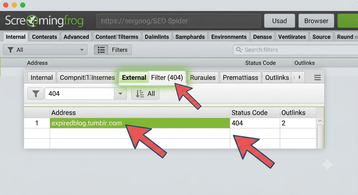 A screenshot of the Screaming Frog SEO Spider interface, showing red arrows pointing to the 'External' tab and a specific 404 error for a Tumblr subdomain.