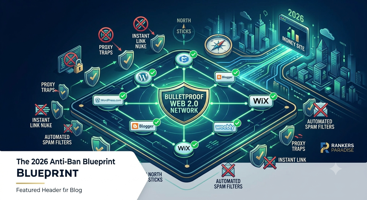 Conceptual illustration of a secure bulletproof Web 2.0 backlink building network designed to resist bans in 2026.