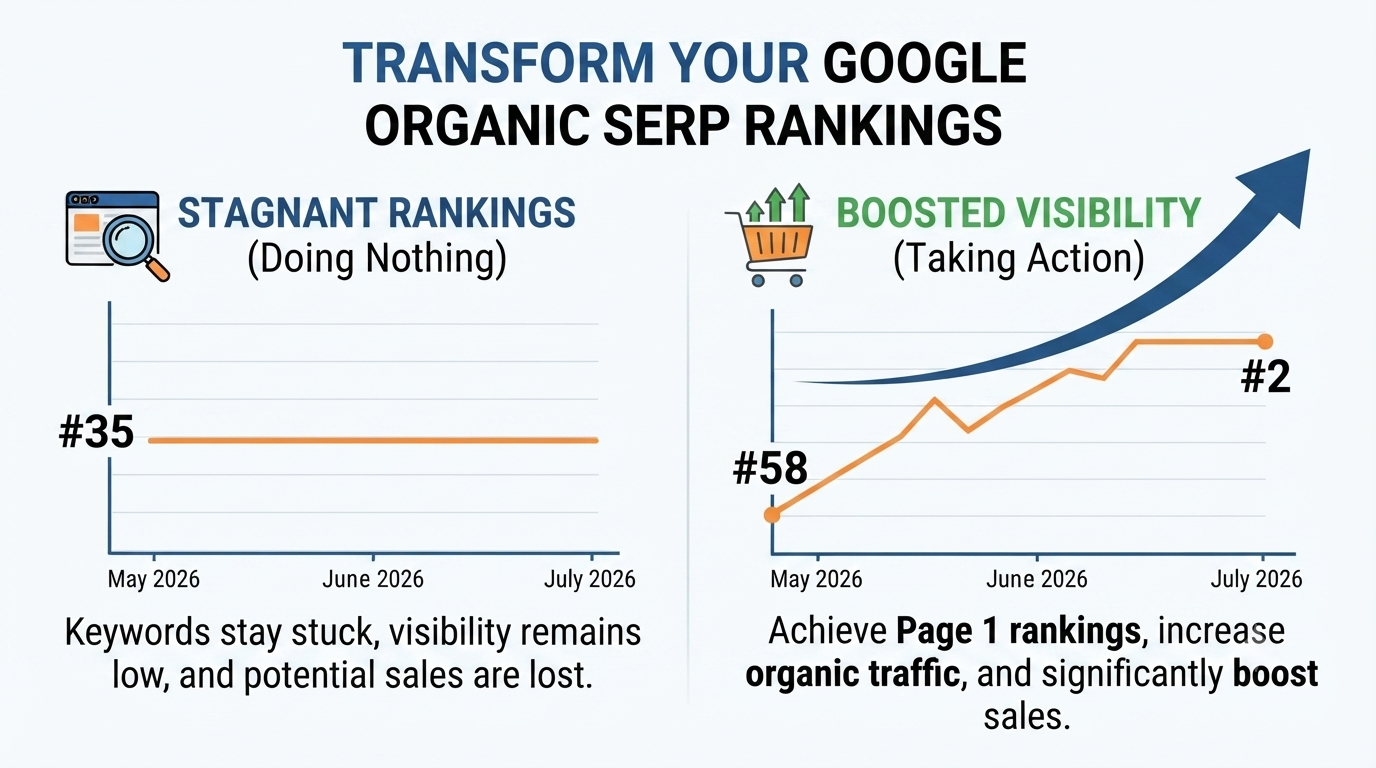 Google organic SERP ranking improvement graph comparing stagnant rankings to multi-tier SEO growth