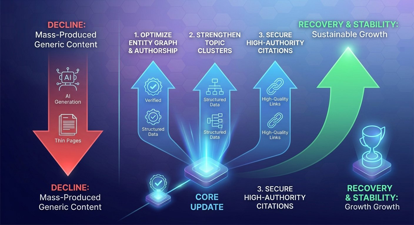 A clean, horizontal technical infographic illustrating a strategic pivot for SEO recovery. The left side (red arrow down) represents the decline of 'Mass-Produced Generic Content.' The central workflow pivots toward three columns labeled '1. Optimize Entity Graph & Authorship,' '2. Strengthen Topic Clusters,' and '3. Secure High-Authority Citations.' The final result (green arrow up) points to 'RECOVERY & STABILITY.' The design uses the same glowing digital style as previous images.