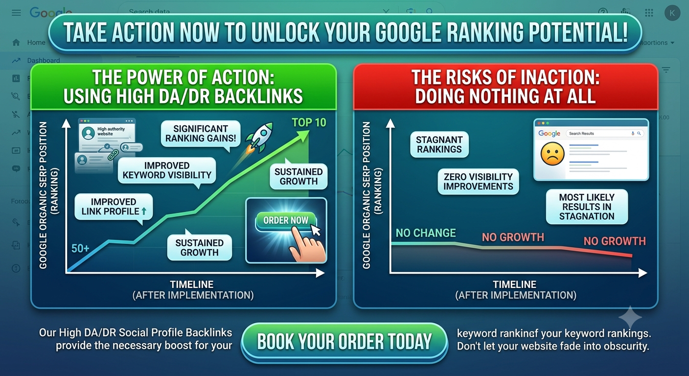 Graph showing Google organic SERP keyword ranking improvements from position 50+ to top 10 after using high DA/DR social profile backlinks versus no action taken.