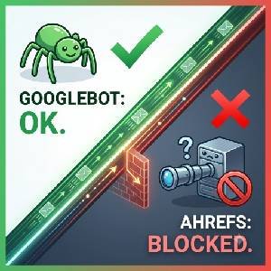 A 300x300 square featured image thumbnail showing a diagonal split. The top-left (green) shows a smiling Googlebot spider icon with a checkmark and the text "GOOGLEBOT: OK." The bottom-right (dark) shows a confused AhrefsBot spyglass with a red X and the text "AHREFS: BLOCKED." This is optimized for clear viewing at small sizes.
