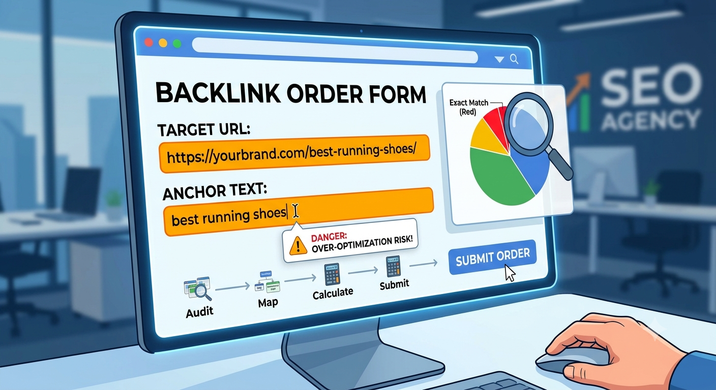 A digital illustration of a user's hand hovering a mouse over a 'Submit Order' button on a backlink purchase form. The screen shows the 'Anchor Text' field highlighted in orange with the exact match keyword 'best running shoes' entered, triggering a warning bubble that says 'DANGER: OVER-OPTIMIZATION RISK!' based on the data ratios shown in image_0.png.