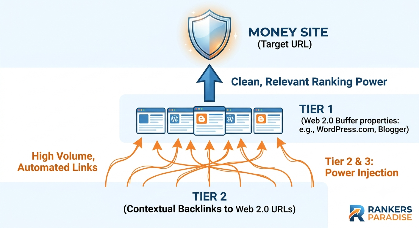 An infographic flow chart diagram in the blue and orange Rankers Paradise style, illustrating the hierarchy of powering up web 2.0 backlinks. It shows high-volume automated links and Tier 2 contextual backlinks pointing from a bottom layer up to a buffer layer of Tier 1 optimized Web 2.0 properties. Clean, filtered ranking power then flows up to the final Money Site shield at the top.