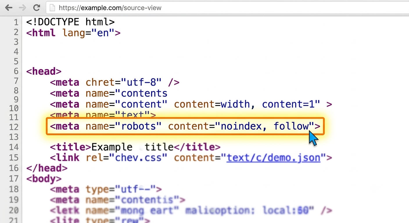 A screenshot of HTML source code where the meta robots noindex tag is prominently highlighted, showing how to find it when troubleshooting unindexed backlinks.