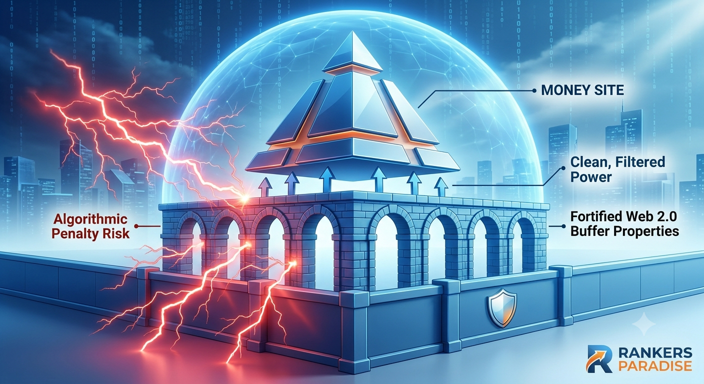 A conceptual dynamic 3D rendering showing a fortified barrier layer of strong blue stone arches, representing 'Fortified Web 2.0 Buffer Properties'. Aggressive red algorithmic risk lightning bolts (labeled 'Algorithmic Penalty Risk') are being stopped by this barrier. Above, the polished 'MONEY SITE' pyramid is protected by a glowing blue dome, receiving only small, clean blue arrows of filtered ranking power. A large barrier wall with a shield icon stops all red risk from proceeding upward.