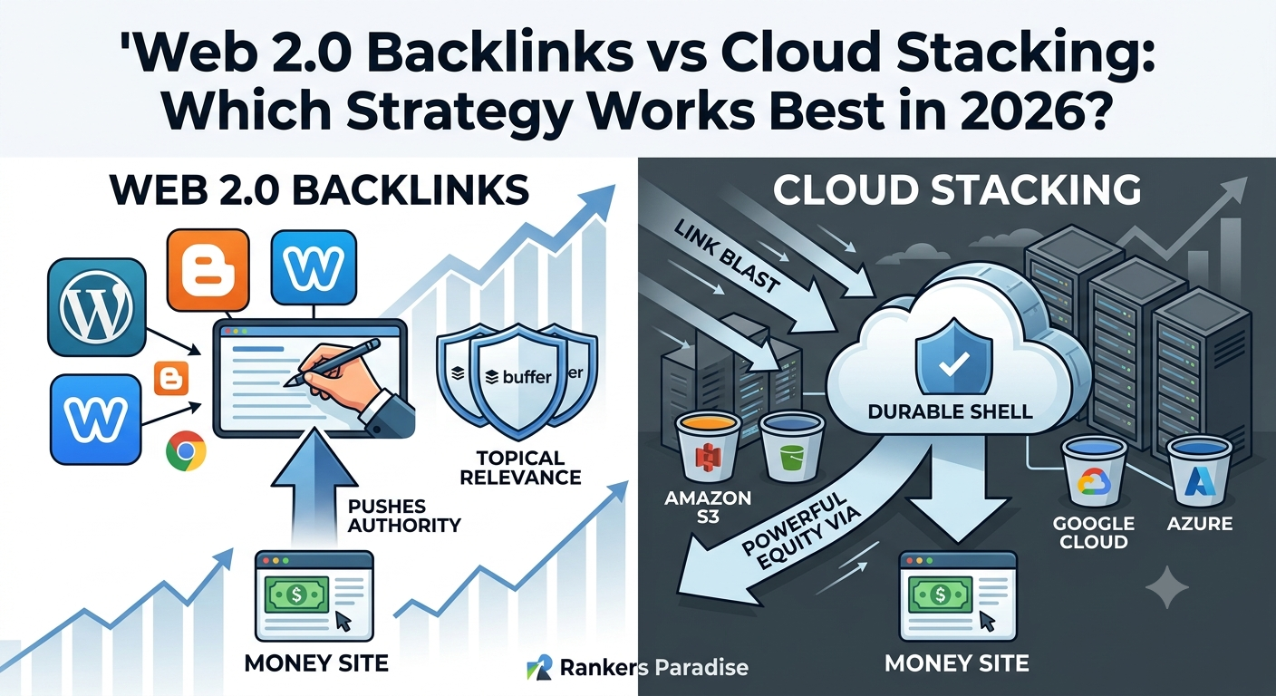 Web 2.0 backlinks vs Cloud Stacking comparison infographic for Rankers Paradise.