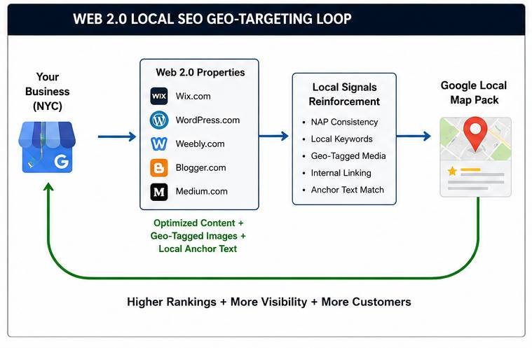 web 2.0 local SEO geo targeting loop for map pack rankings