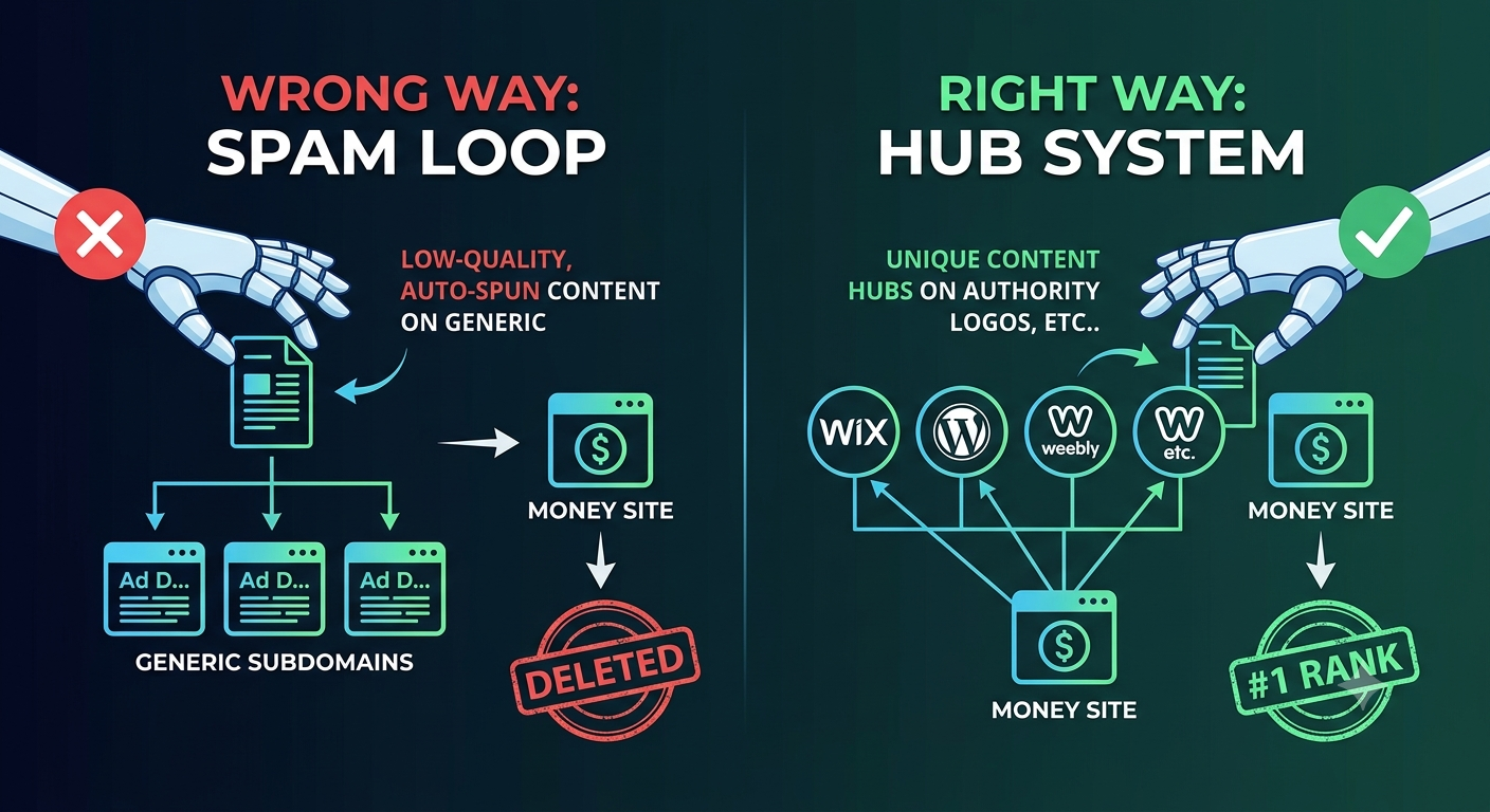 An SEO infographic illustrating two methods: 'WRONG WAY: SPAM LOOP' with automated content and a 'DELETED' result, contrasting with 'RIGHT WAY: HUB SYSTEM' using high-quality content hubs and achieving a '#1 RANK'.