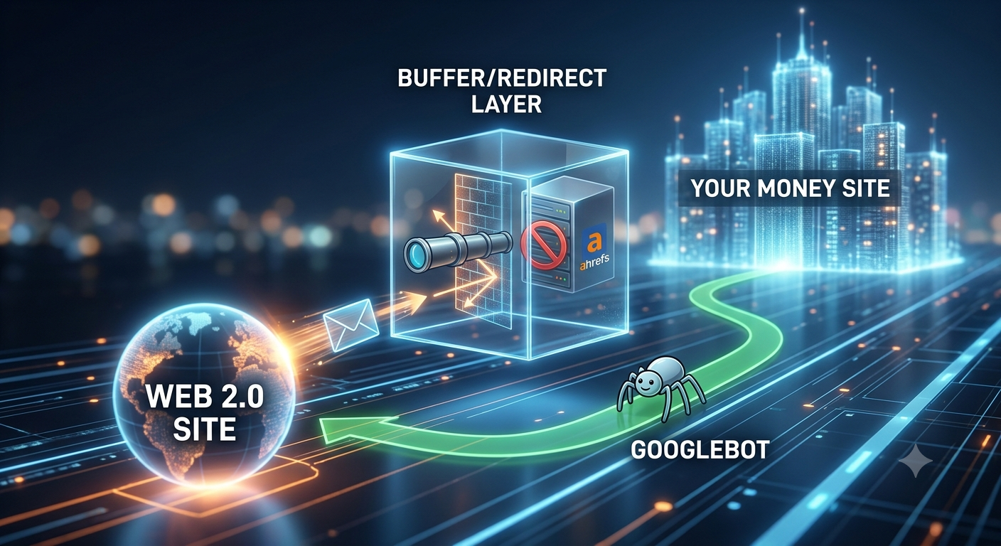 A conceptual technical diagram illustrating a redirection buffer. A data packet leaves a Web 2.0 site, hits a buffer layer where a AhrefsBot spyglass is blocked and reflected, while a GoogleBot spider successfully passes through a clear path to reach 'YOUR MONEY SITE'.