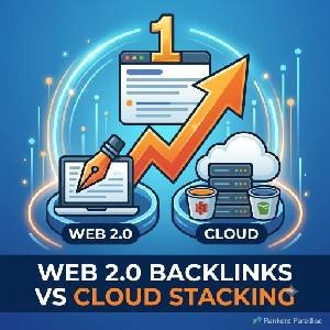 Featured image graphic comparing Web 2.0 backlinks (quill icon) and Cloud Stacking (cloud/server icon) for Rankers Paradise.