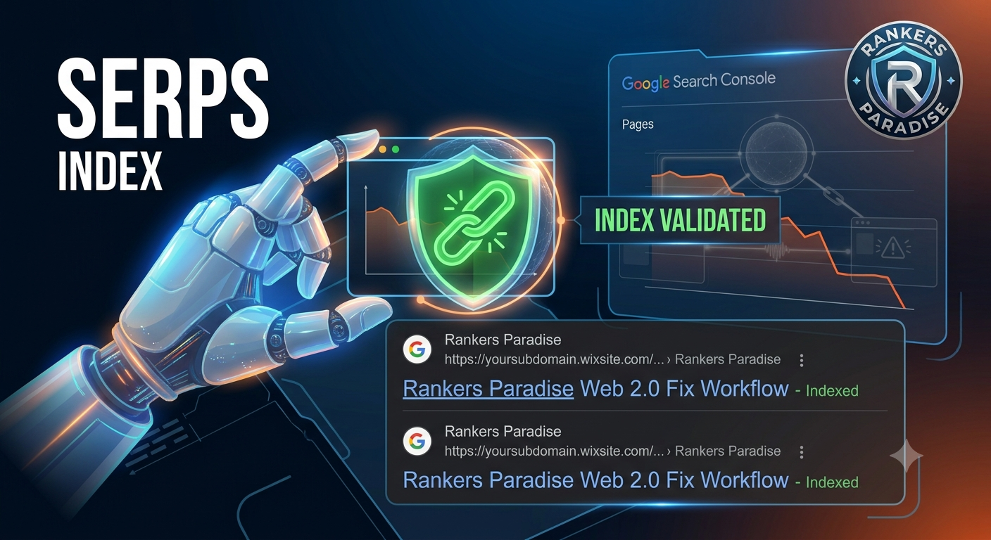 Rankers Paradise infographic presenting a validated Google indexation chart and a live SERP simulation showing the recovered Web 2.0 subdomain has returned to the Google search results.