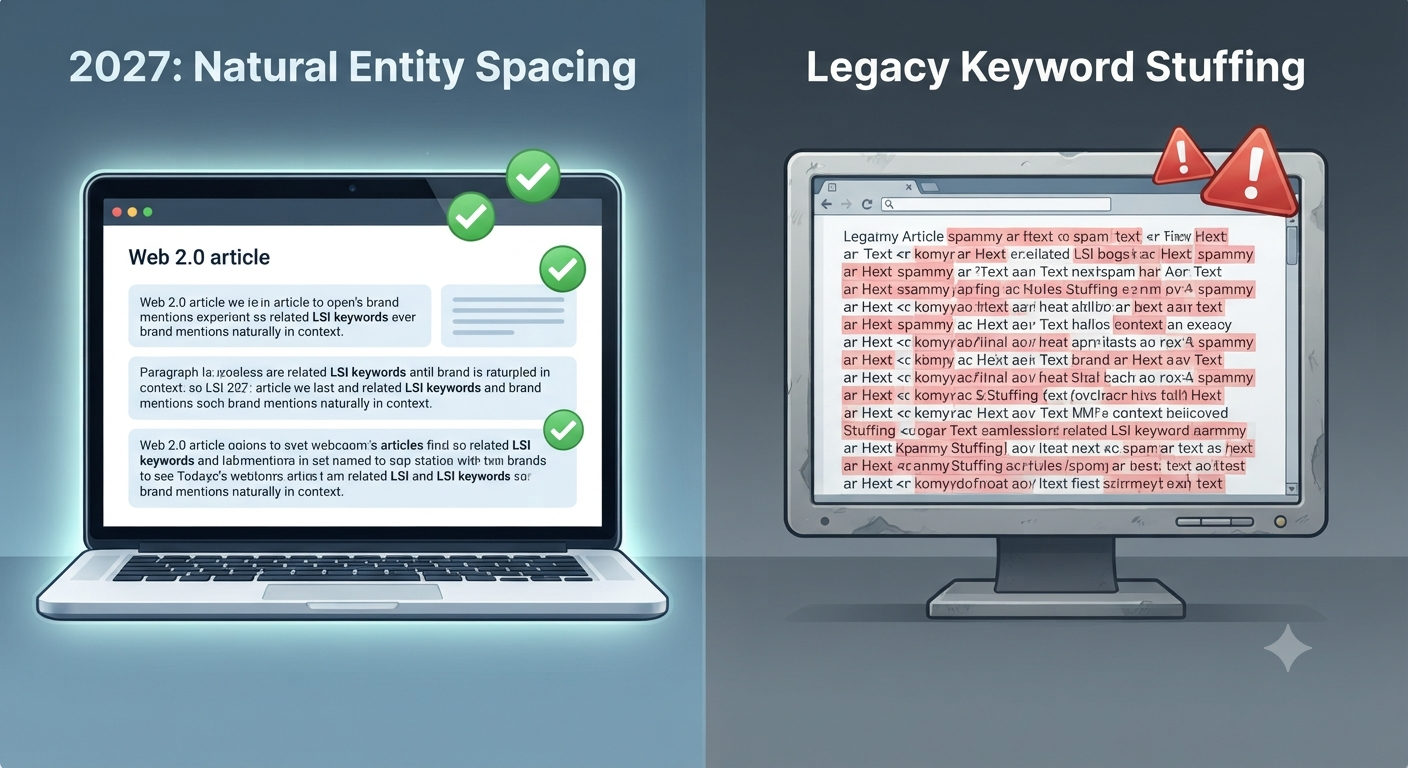 A split-screen illustration comparing a modern Web 2.0 article using natural entity spacing (green checkmarks) versus an outdated article using keyword stuffing (red warnings).