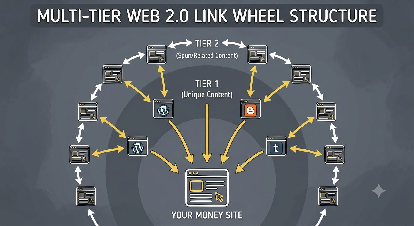 A diagram illustrating a complex, multi-tier Web 2.0 link wheel structure. Tier 2 sites are linked together to power up Tier 1 blogs, which then pass all collected authority directly to the central Money Site.