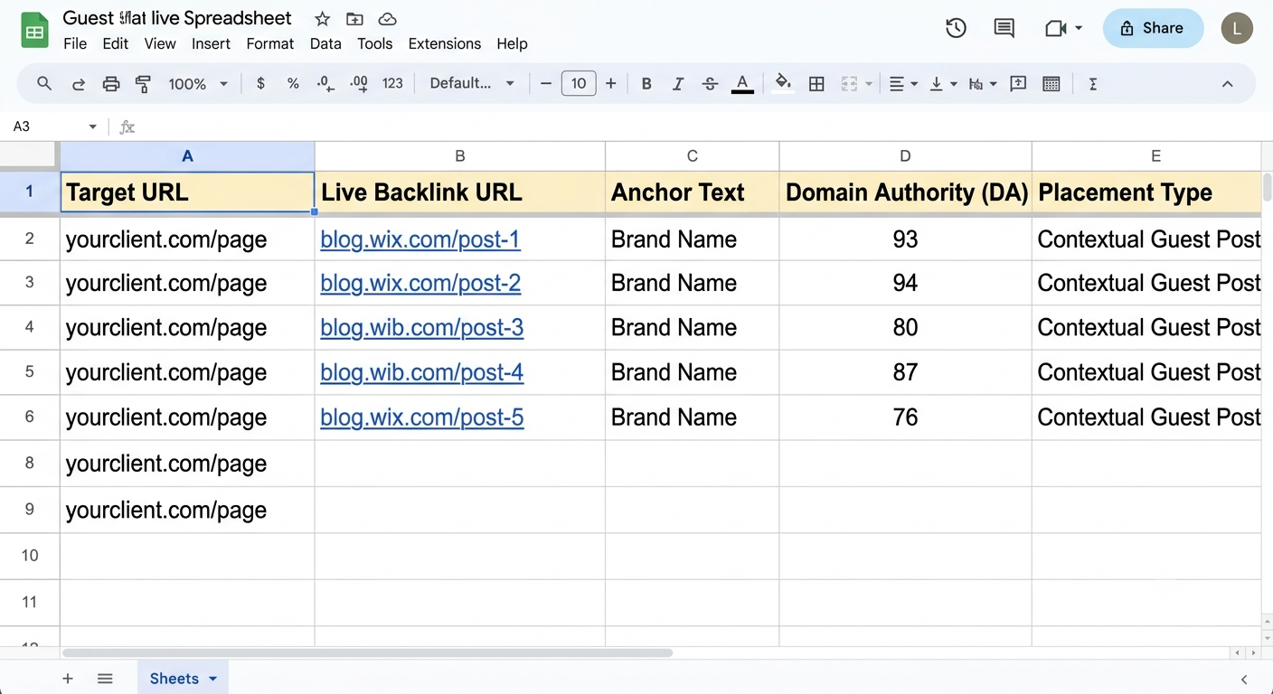 white label backlink report google sheets data setup