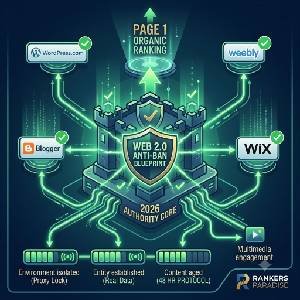 Square featured image infographic for the 2026 Web 2.0 anti-ban blueprint showing secure authority core and platform connections.
