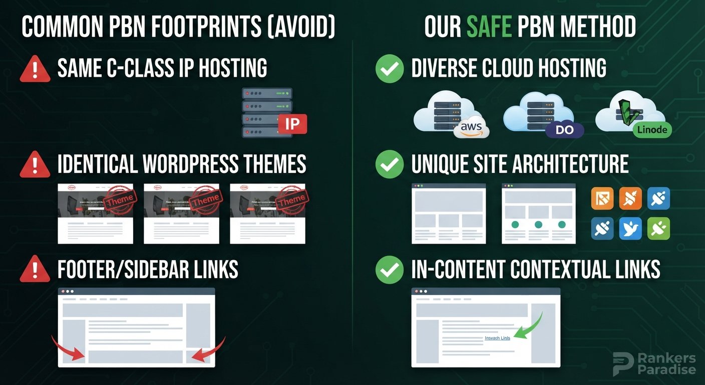 Infographic illustrating common PBN mistakes to avoid (same IP, theme, footer links) versus Rankers Paradise's safe method (diverse hosting, unique architecture, contextual links).