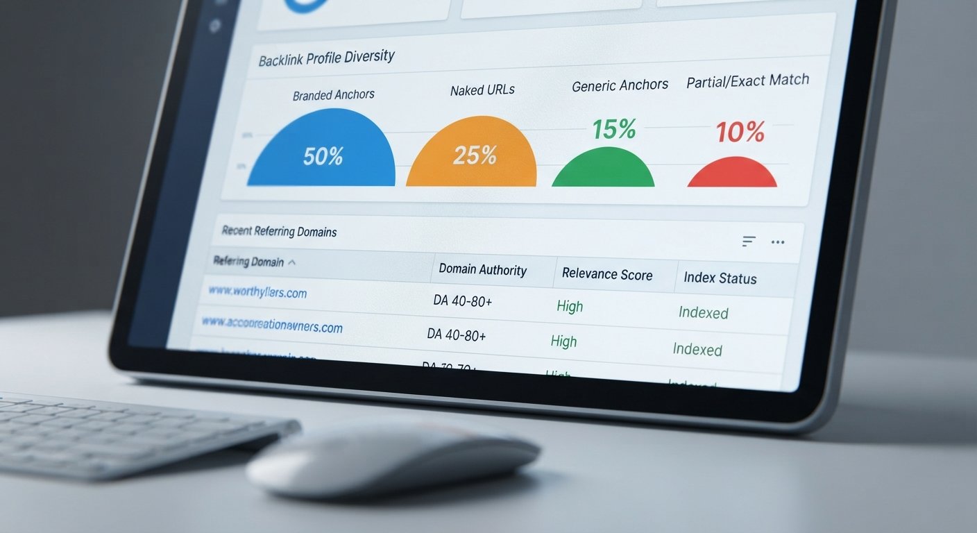A macro photograph of an SEO dashboard screen showing a healthy backlink profile diversity chart with specific anchor text percentages.