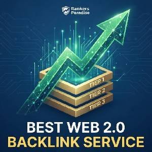 Infographic illustrating the best Web 2.0 backlink service using a tiered link building structure.