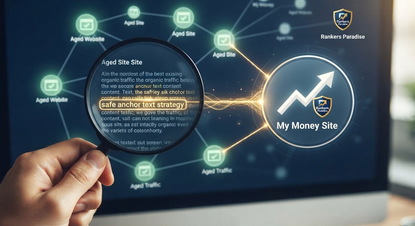 Close-up of a magnifying glass highlighting a safe contextual anchor text flowing to a money site.