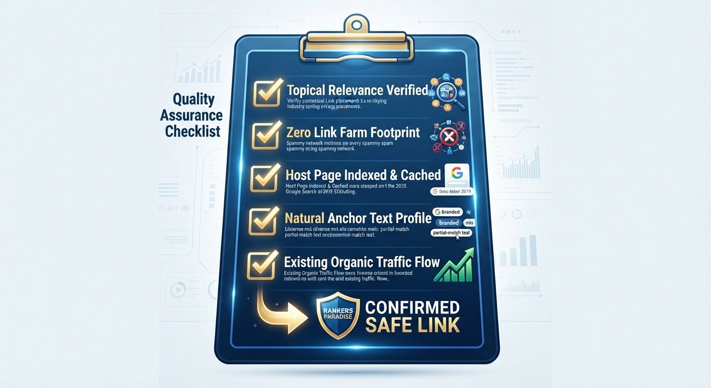 Professional infographic of a five-point checklist used to verify the safety and relevance of contextual backlinks.
