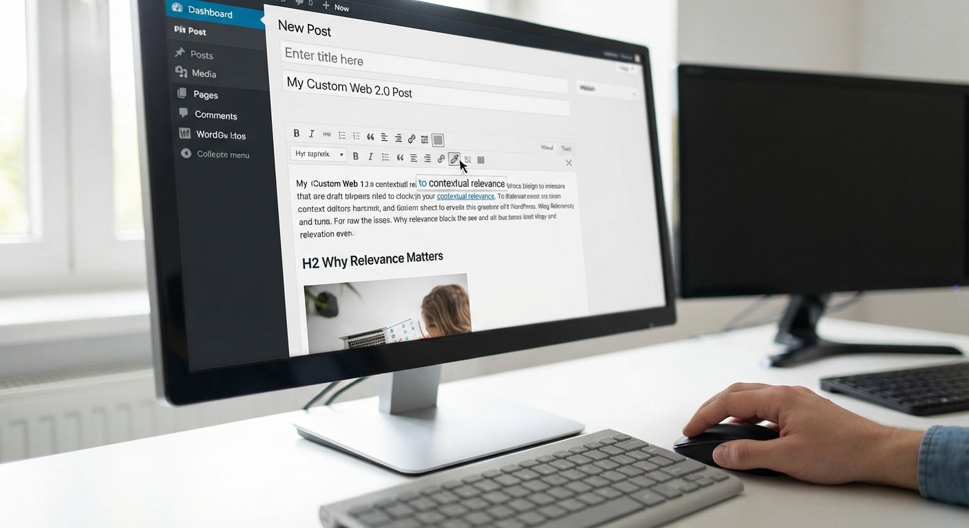 A close-up of a hand using a mouse to hyperlink text within a professional WordPress CMS interface.