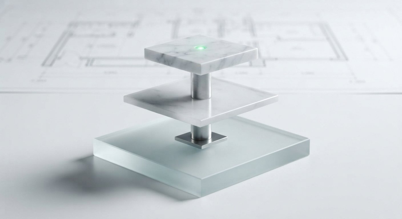 Minimalist architectural model showing a three-level structure of glass, metal, and marble.