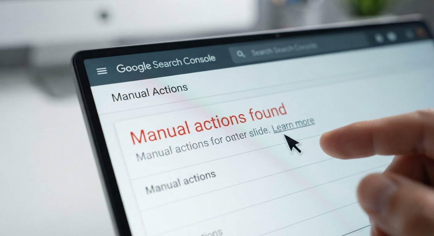 Close-up of Google Search Console showing 'Manual actions found' red warning.