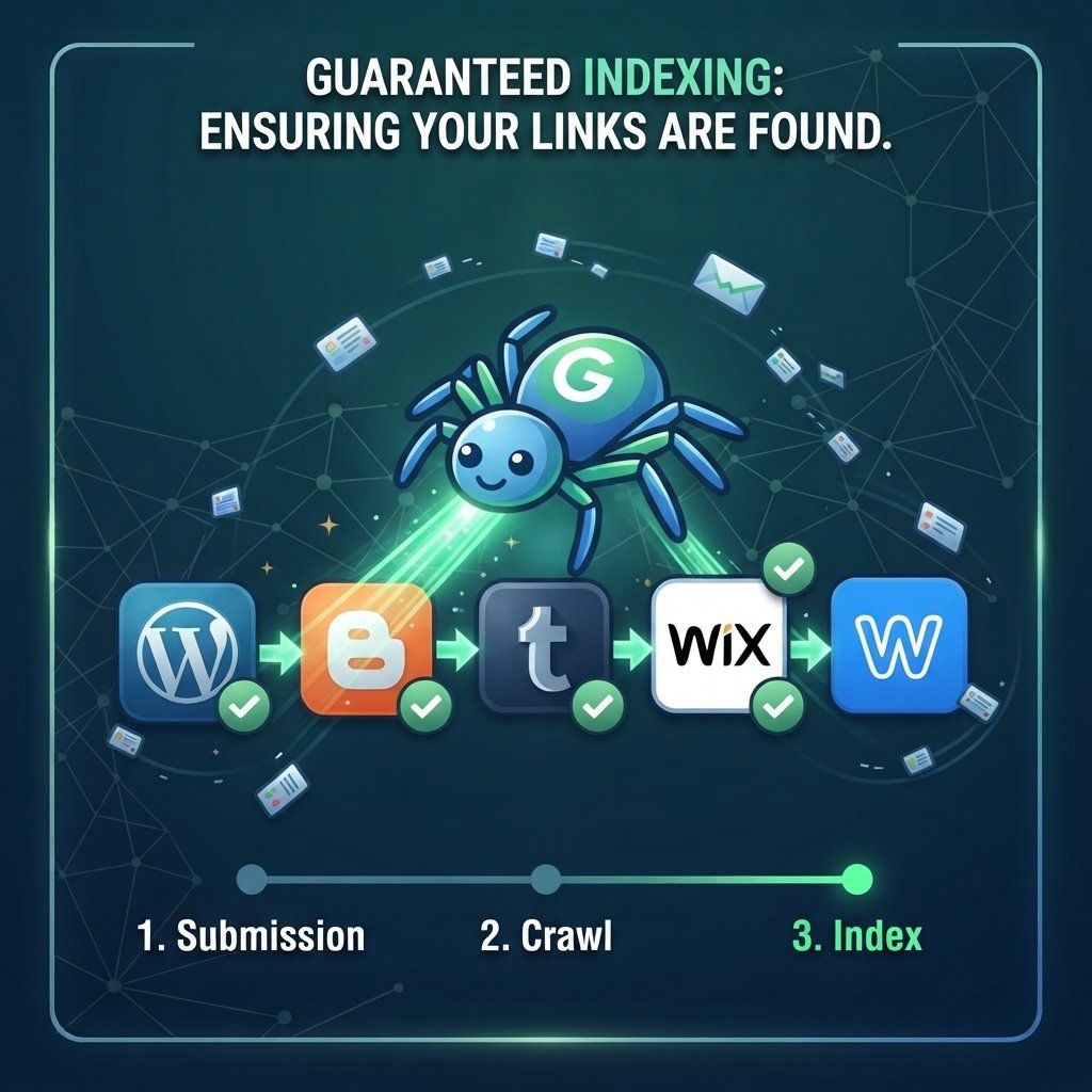 Infographic showing a Googlebot spider successfully crawling and indexing web 2.0 properties.