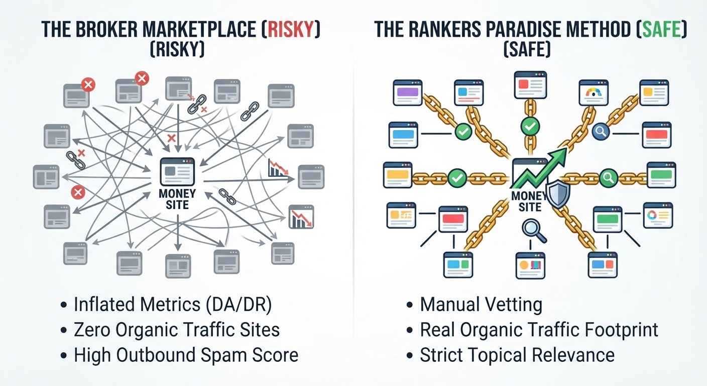 Infographic chart comparing risky link building from broker marketplaces versus the safe, manual vetting process used by Rankers Paradise.