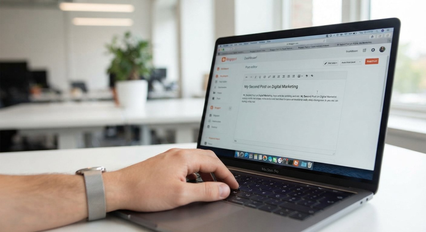 Close-up of a human hand typing unique SEO content on a laptop for Web 2.0 backlinks.