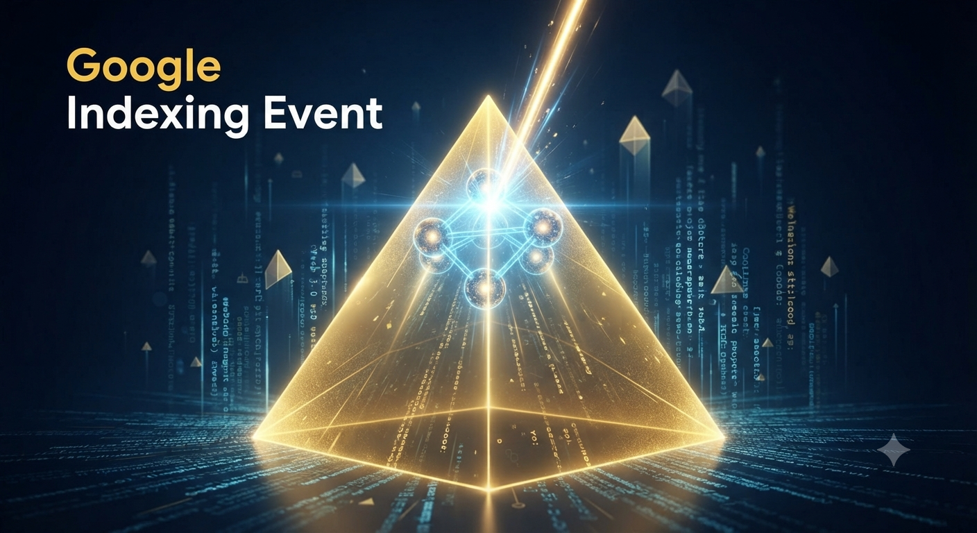 A stylized visualization of a rapid Google indexing event, with an energy beam integrating Web 2.0 nodes into a golden digital pyramid structure.