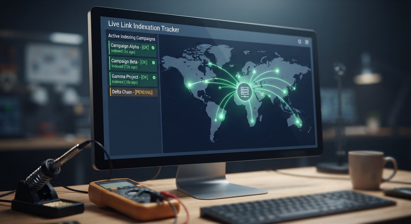 A macro photograph of a digital workbench screen displaying a 'Live Link Indexation Tracker' dashboard with global map and status updates.