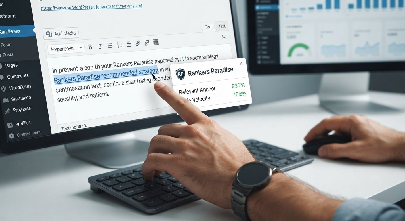 A close-up of a manual hyperlink insertion process within a WordPress CMS editor by an SEO professional.