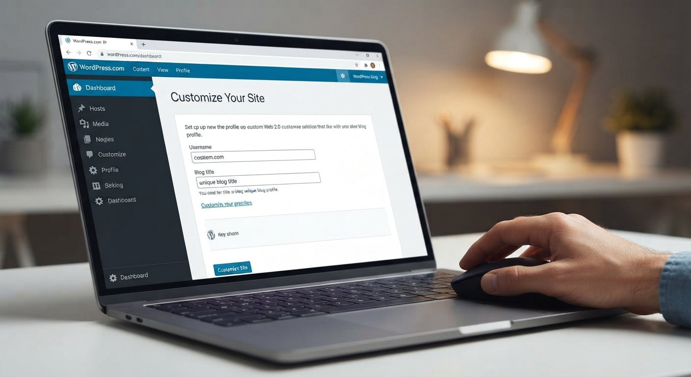 A detailed close-up of a human hand manually setting up a unique Web 2.0 blog profile on a laptop, illustrating the careful, non-automated process used when you order Web 2.0 links.