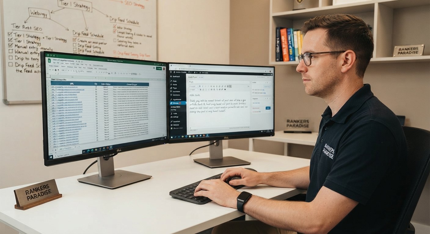 Candid photo of Nick, founder of Rankers Paradise, manually managing and verifying a Web 2.0 link building campaign on a dual-monitor setup.