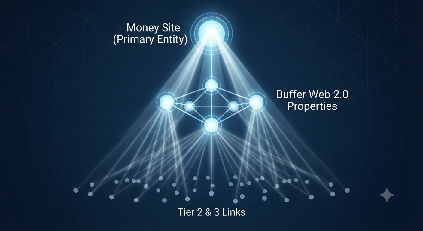 An infographic visualizing a hierarchical, multi-tier link building structure with glowing nodes on a dark background.