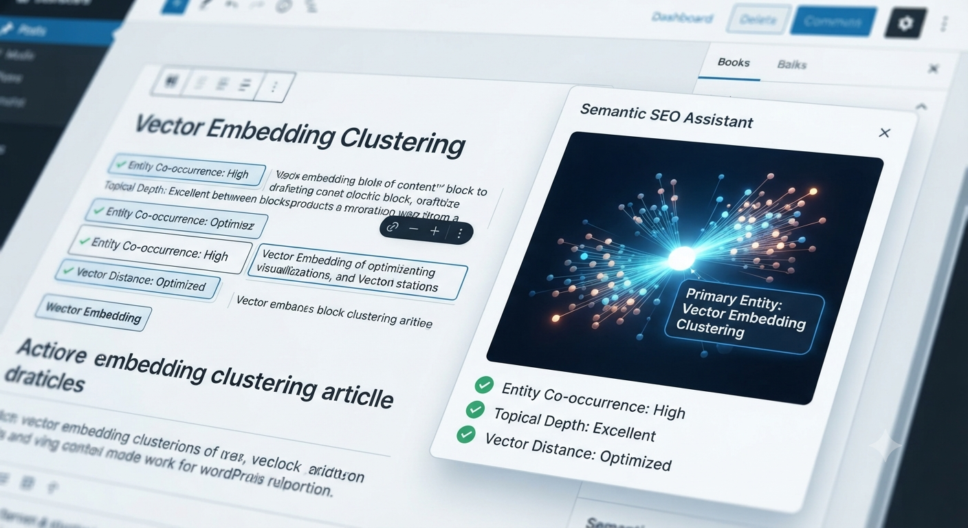 A close-up view of a content management system interface featuring a real-time semantic SEO assistant widget.