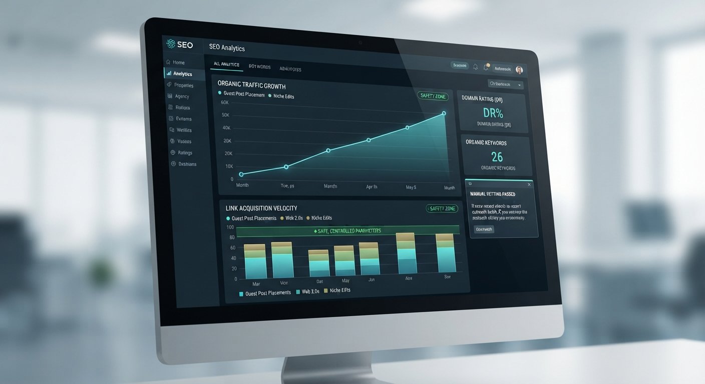 A professional SEO analytics dashboard displayed on a monitor, showing a strong upward trend in organic traffic and confirming safe link acquisition velocity.