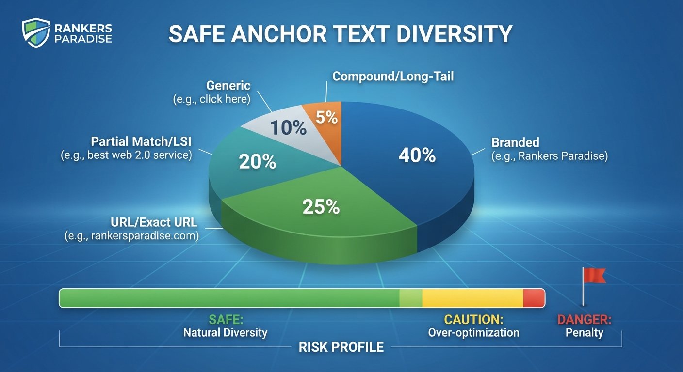 Data-centric infographic showing a safe anchor text profile with a high percentage of branded and URL links to maintain a natural risk profile.