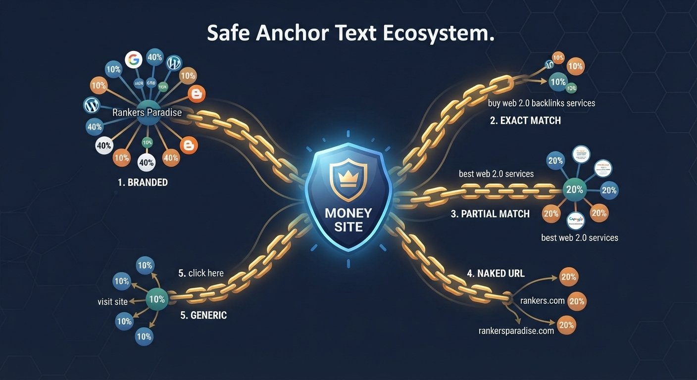 Infographic showing a diverse and safe anchor text distribution for SEO, centered around a money site shield.