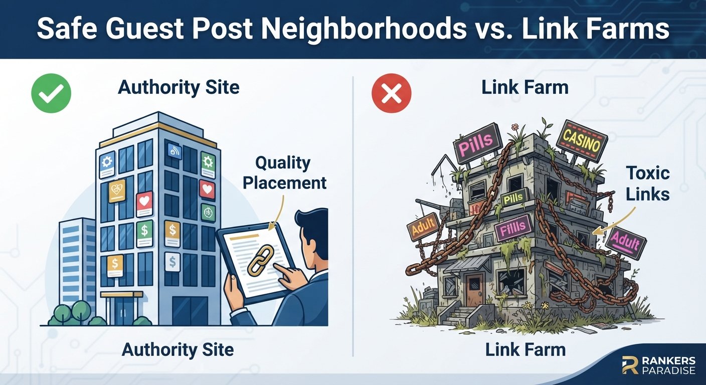 An infographic contrasting a clean authority site guest post placement with a messy, toxic link farm.