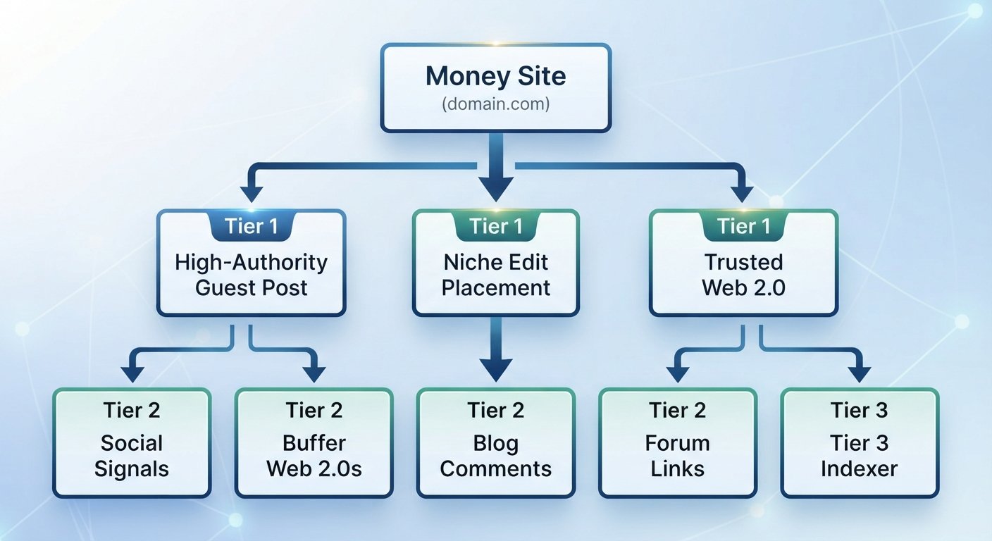 Infographic visualizing a safe, tiered link building architecture with Money Site, Tier 1, and Tier 2 assets.