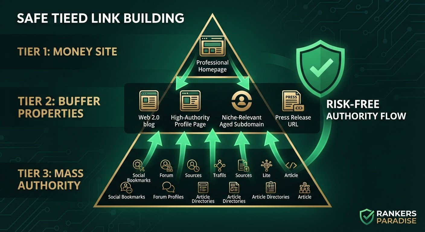 Infographic visualizing a safe tiered link building pyramid, where mass authority links point to buffer properties, which in turn pass authority to a main money site, protected by a risk-free shield.