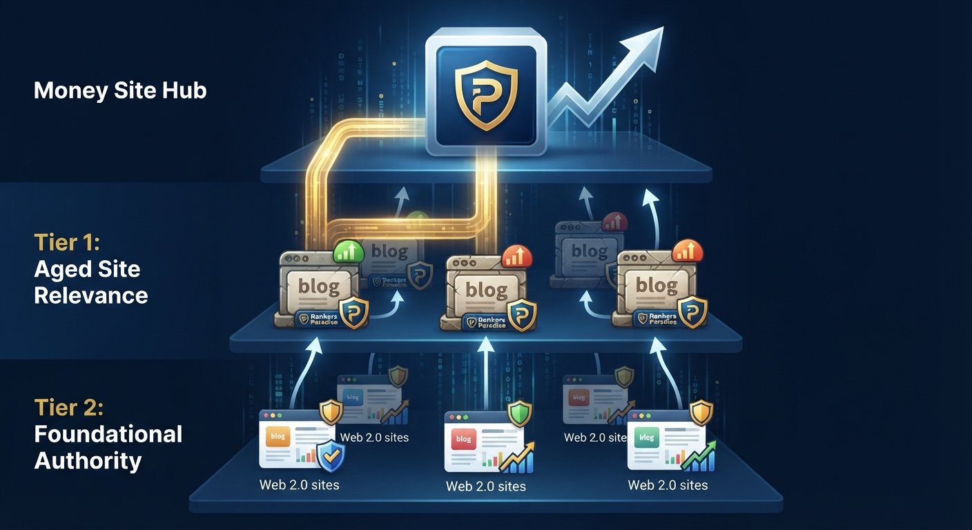 Conceptual illustration of a safe, tiered SEO backlink strategy showing authority flow to a central money site.