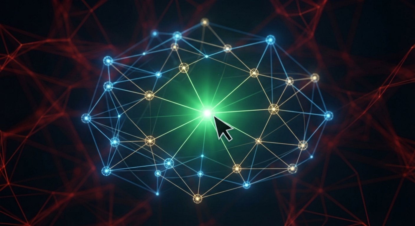 Data visualization showing a stable, glowing blue and gold network of links with a central green anchor node.
