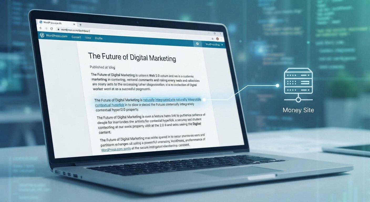 A close-up view of a published article on a Web 2.0 blog, showing a contextual hyperlink within unique content that leads directly to a stylized money site icon, demonstrating safe linking.