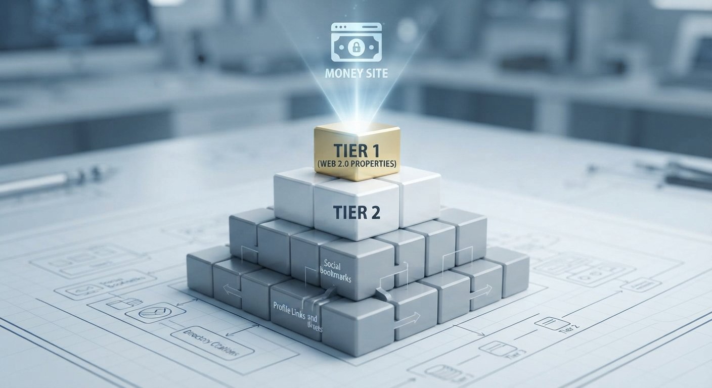 A conceptual photograph of a physical pyramid structure built of blocks, illustrating the tiered link building strategy where Web 2.0 properties (Tier 1) pass power to the money site, supported by lower tiers.