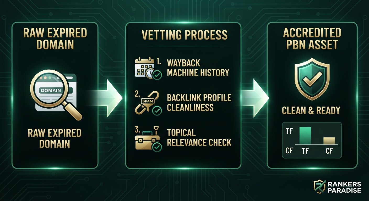 Infographic visualizing the step-by-step vetting of an aged domain, including Wayback Machine history, backlink cleanliness, and topical relevance checks, leading to an accredited PBN asset.