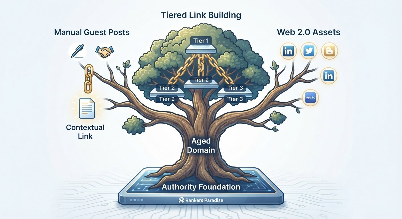 A conceptual SEO strategy infographic showing a diversified link building ecosystem with guest posts, tiered links, and web 2.0s.